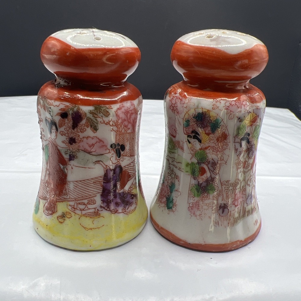Vintage Kutani Geisha Salt and Pepper Shakers Hand Painted Porcelain Japan Set